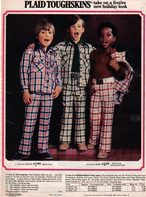 1970s ad with kids in plaid bell bottoms and jackets