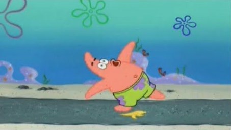 Patrick the starfish slipping on a banana