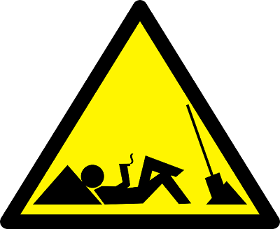 Man not at work sign. Stick figure lounging, smoking a cigarette, shovel down.