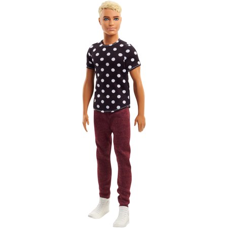 Ken Fashionista doll in black shirt with white polka dots and maroon pants from the Barbie line